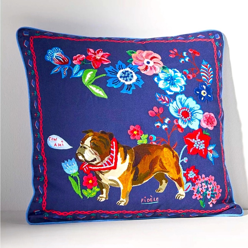 Nathalie Lete for Anthropologie Embroidered Fidèle thé dog 18”x18” pillow NWT